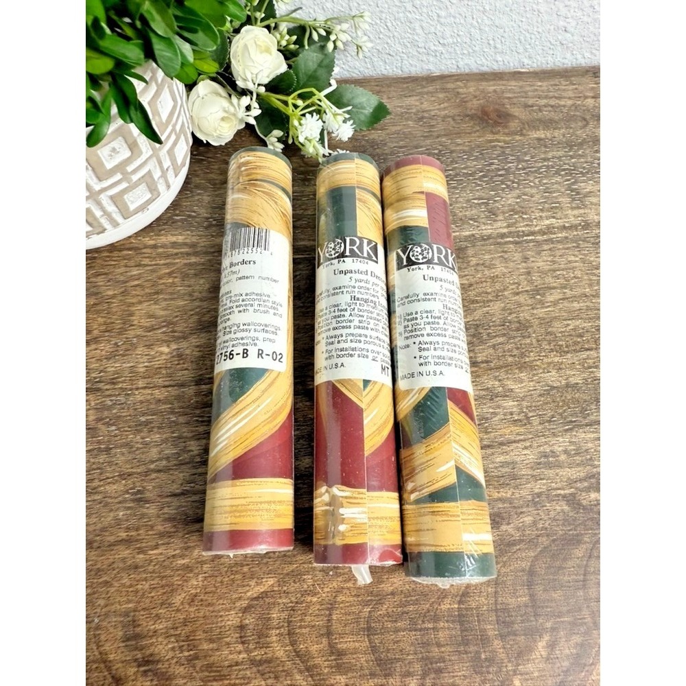 Vintage York Wallpaper Border Southwestern Brushstroke Burgundy Green NOS - 3